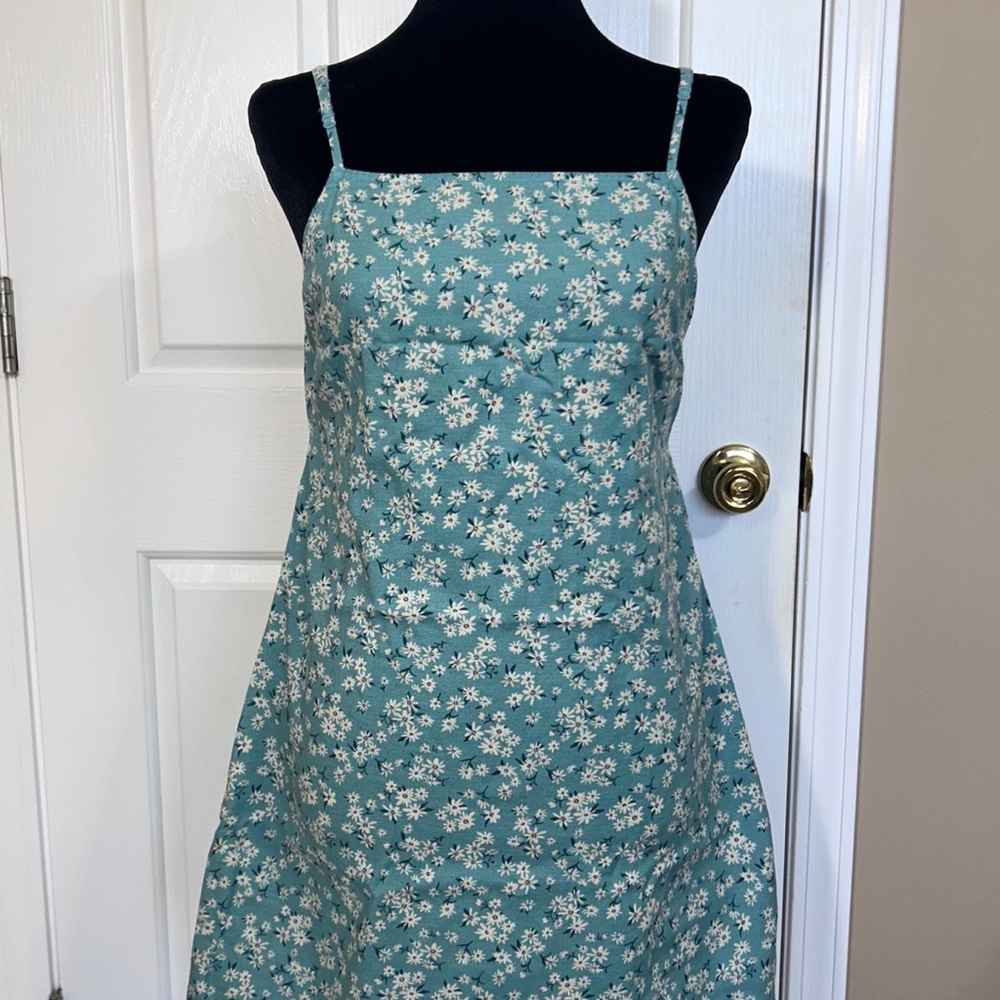 American Eagle Floral Tie Back Mini Dress Medium Teal Green Linen Blend Summer